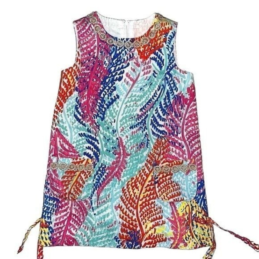 Lilly Pulitzer Girls Pink Blue Feather Print Shift Dress Gold Lace Trim Size 4‎